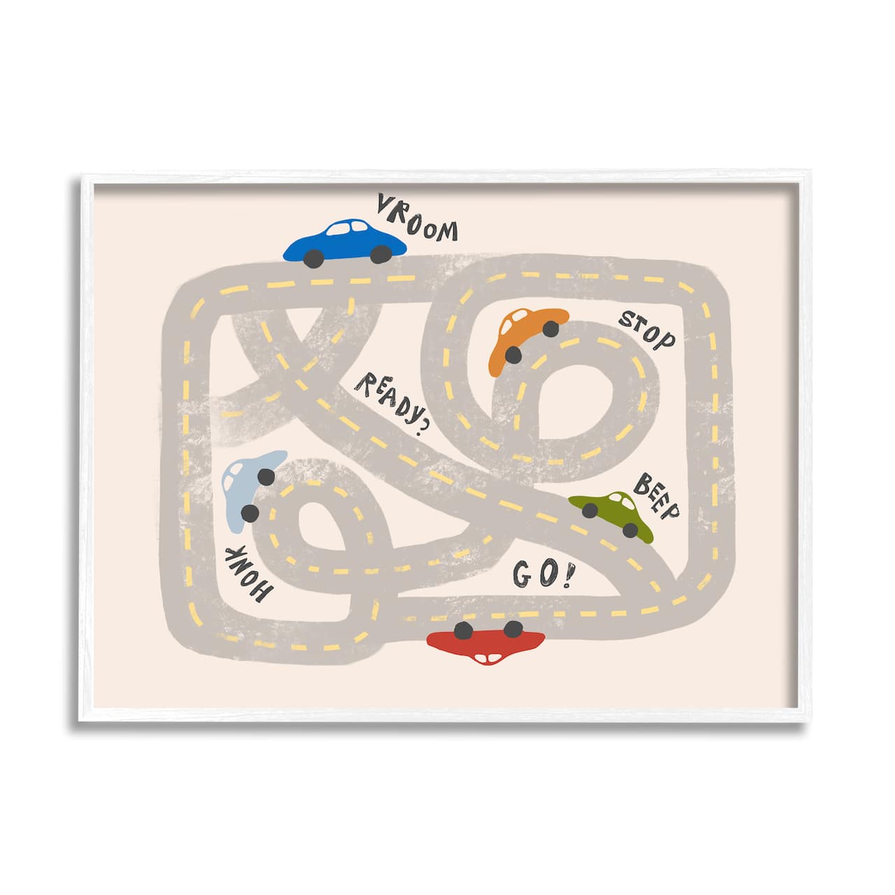Stupell Industries Kid's Cartoon Car Road Map Fun Playful Streets in White Frame Wall Art